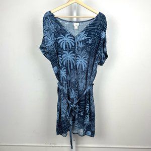 Desmond Dempsey H&M Short Sleeve Linen Blend Dress V-Neck Hawaiian Floral Blue M